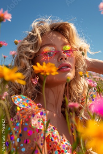 A woman relaxes amongst wildflowers, facing a clear blue sky, deeply connected with nature's beauty