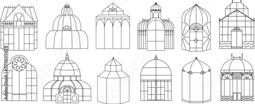 A set of vintage isolated greenhouses. Line illustration hothouses and orangery.