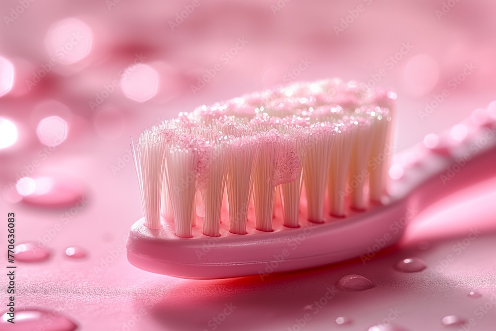 Soft pink toothbrush on a matching background, focusing on bristles, suggesting gentle dental care Soft pink toothbrush on a matching background, focusing on bristles, suggesting gentle dental care