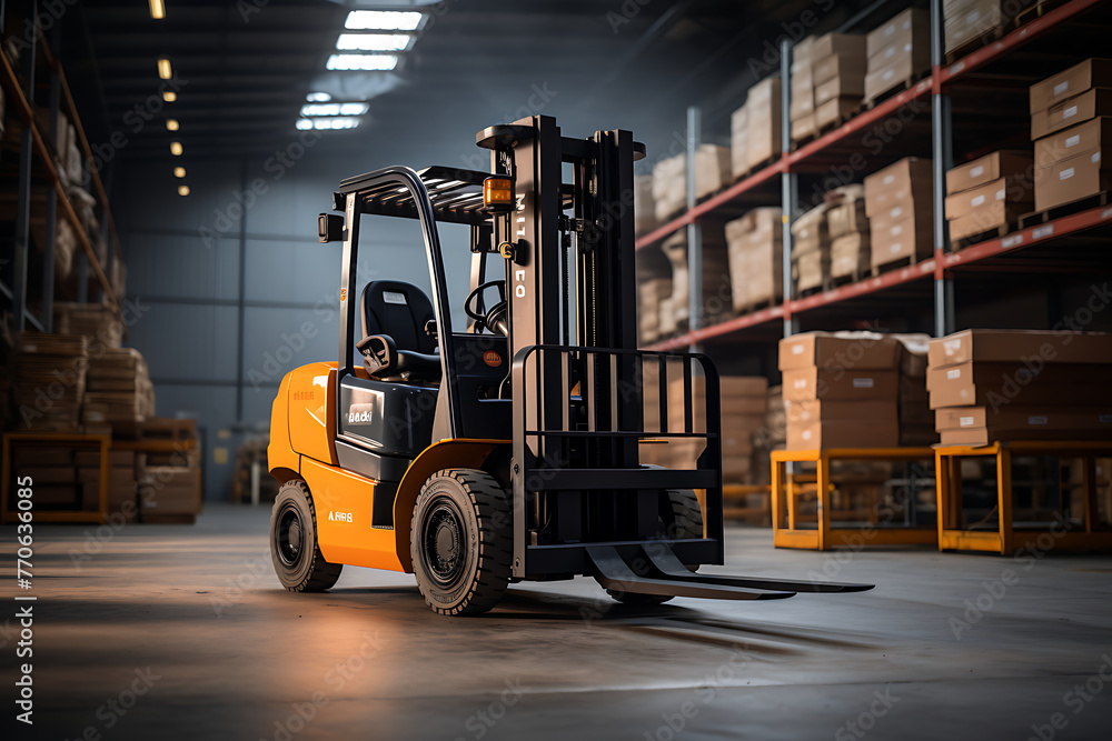 A forklift stands ready in a well-lit warehouse, symbolizing logistics, industry, and commerce. Generative a
