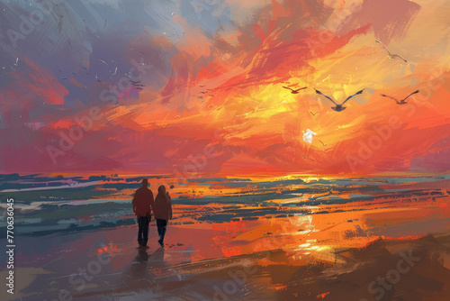 Golden Hour Stroll: a couple taking a romantic sunset stroll along the beach, with the sky painted in hues of orange and pink, and seagulls soaring overhead.