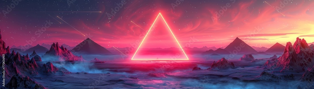 Glowing neon backdrop featuring geometric triangle design, Stunning border and alien terrain beneath starlit heavens and Stones. Cutting-edge, simple wallpaper. Made using Artificial Intelligence.
