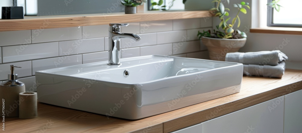 White rectangular sink with a chrome faucet installed on a wood countertop in a bathroom