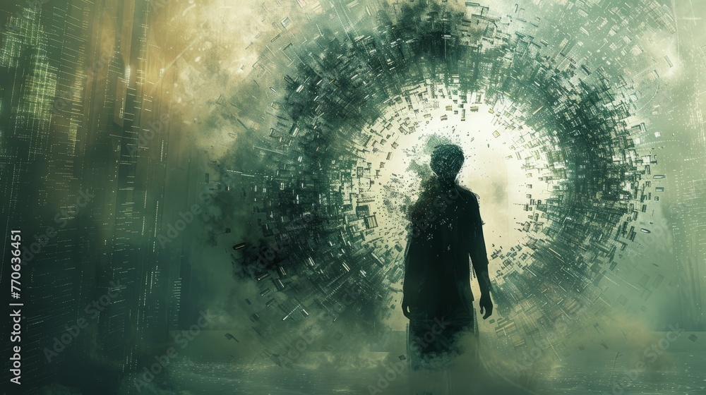 Figure surrounded by a halo of digital fragments, depicting data overload beautifully Figure surrounded by a halo of digital fragments, depicting data overload beautifully