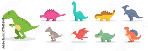 Cute dinosaur, funny ancient brontosaurus and green triceratops. Cartoon dinosaurs icon collection isolated on white background. Flat vector illustration in childish style.
