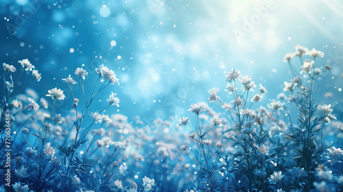 flowers in frost under the glow of the winter sun against the blue sky and falling snowflakes