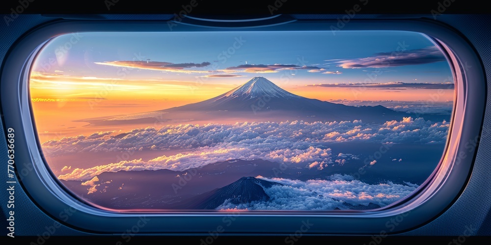 Naklejka premium Flight into wonder: A unique window frames Mount Fuji in full splendor, bathed in sunrise glow