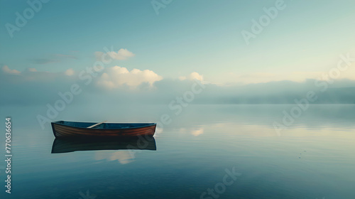 Across a tranquil lake, a lone boat drifts, leaving behind a wake of delicate curves and intersecting lines mirrored in the water, a scene of serene movement frozen in time © MistoGraphy