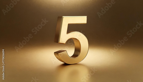 Golden number 5 on golden background with gradient and copy space. 3D rendering.