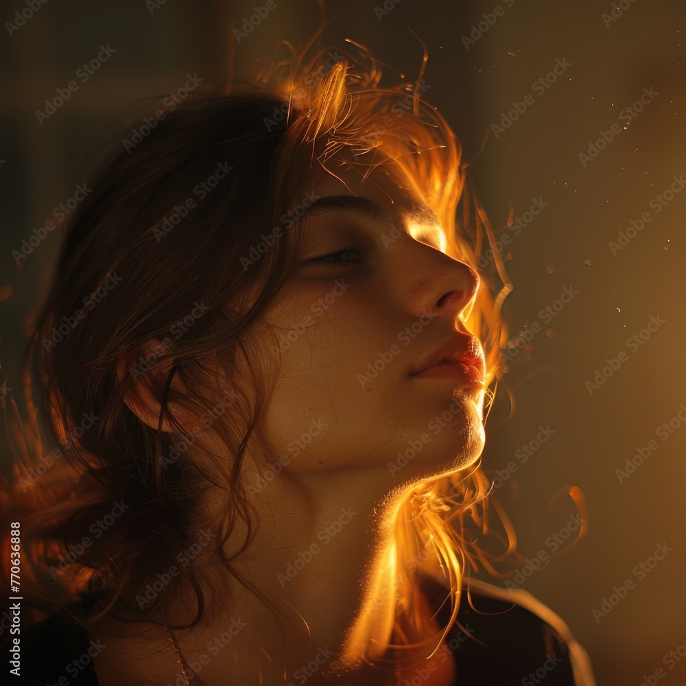 Mysterious woman enveloped in warm light and floating sparks Mysterious woman enveloped in warm light and floating sparks
