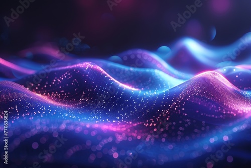 Digital technology background featuring smooth wavy blue and purple lines in abstract curved patterns. Ideal for tech, business, or science-related concepts. This dynamic illustration is AI-generated.