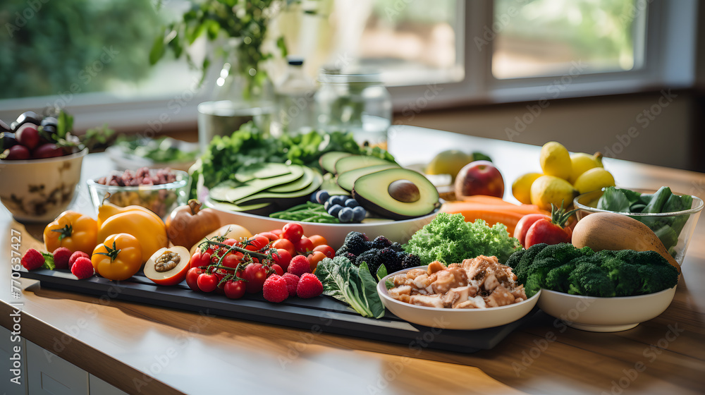 A colorful mix of vegetables prepped and ready for cooking on a kitchen table. A colorful mix of vegetables prepped and ready for cooking on a kitchen table.