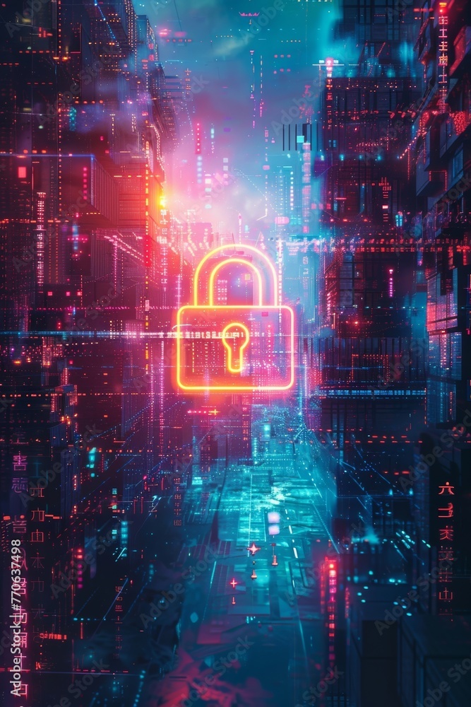 An advanced digital image showcasing themes of online security and data privacy, with a padlock emblem representing safeguarding information.