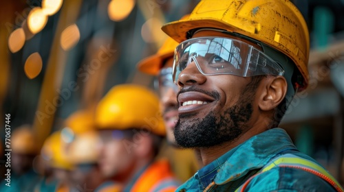 A group of multi-ethnic workers at a construction site wearing hard hats, safety glasses, and reflective clothing, smiling and conversing