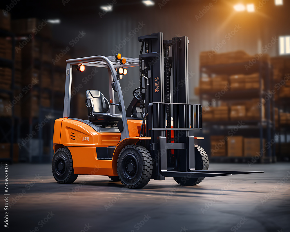 A forklift stands ready in a well-lit warehouse, symbolizing logistics, industry, and commerce. Generative a