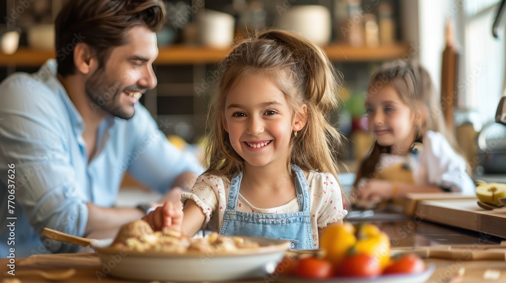 A Happy Beautiful Cute Girl Having Breakfast With Her Family In The Kitchen