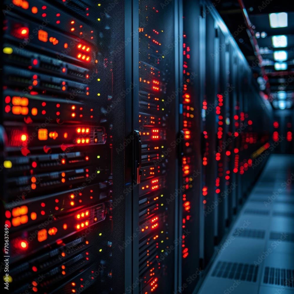 A high-tech data center showcases advanced computing systems and cyber defense measures, ensuring secure data storage and global network protection. A high-tech data center showcases advanced computing systems and cyber defense measures, ensuring secure data storage and global network protection.
