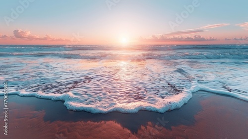 Beautiful beach scenery with calm waves and soft sandy beach Colorful Sunset sea