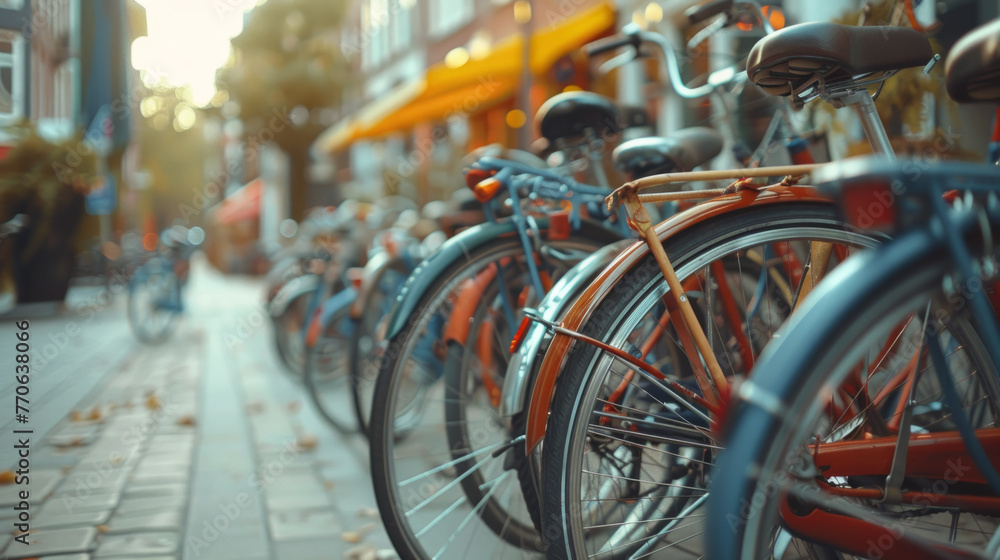 A row of bicycles parked along a quaint city street, their colors muted under the warm, ambient lighting of a setting sun, casting long shadows on the cobblestone path.