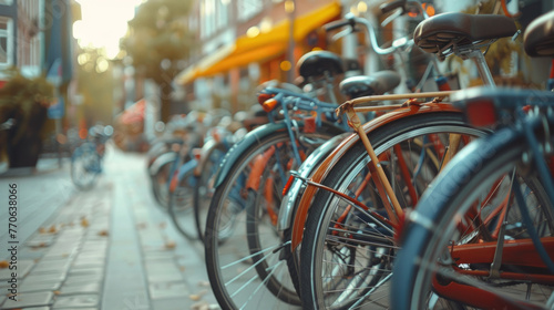 A row of bicycles parked along a quaint city street, their colors muted under the warm, ambient lighting of a setting sun, casting long shadows on the cobblestone path.