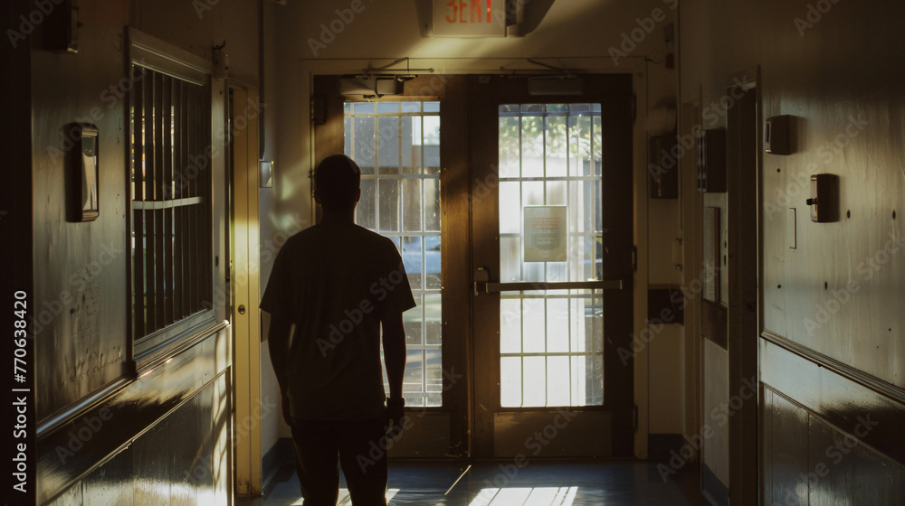 A person taking a deep breath before entering a rehab facility a step towards recovery. - obrazy, fototapety, plakaty 