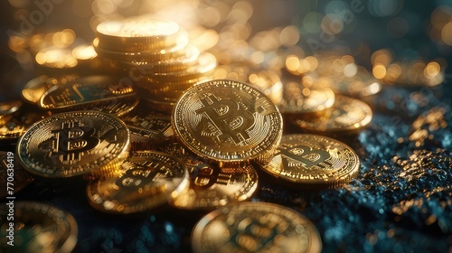 Unveiling the Bitcoin Gold Mining Concept: A Captivating Digital Money Cryptocurrency Displaying a Pile of Coins, Introducing the New Virtual Money Concept 