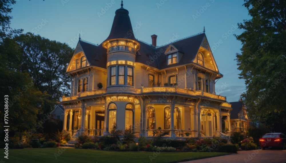 A grand Victorian mansion bathed in warm lights as twilight descends, showcasing intricate architecture and a lush garden.