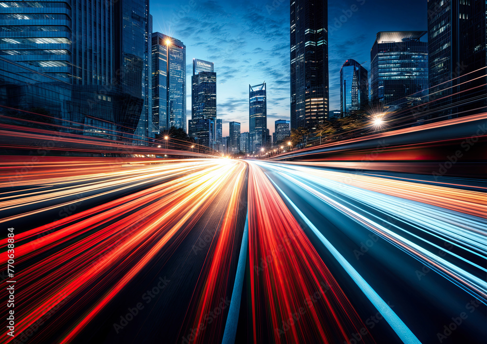 the light trails on the modern building background