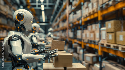 A futuristic robot with humanoid features is handling a cardboard box in a warehouse with shelves stocked with various goods in the background.