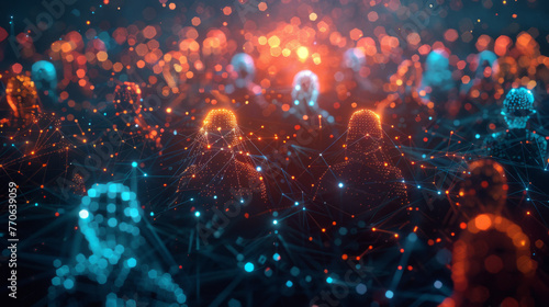 Networking People. A vibrant digital landscape with interconnected points and lights, forming a complex network of nodes and connections that resemble a futuristic technology or data concept. © ChubbyCat