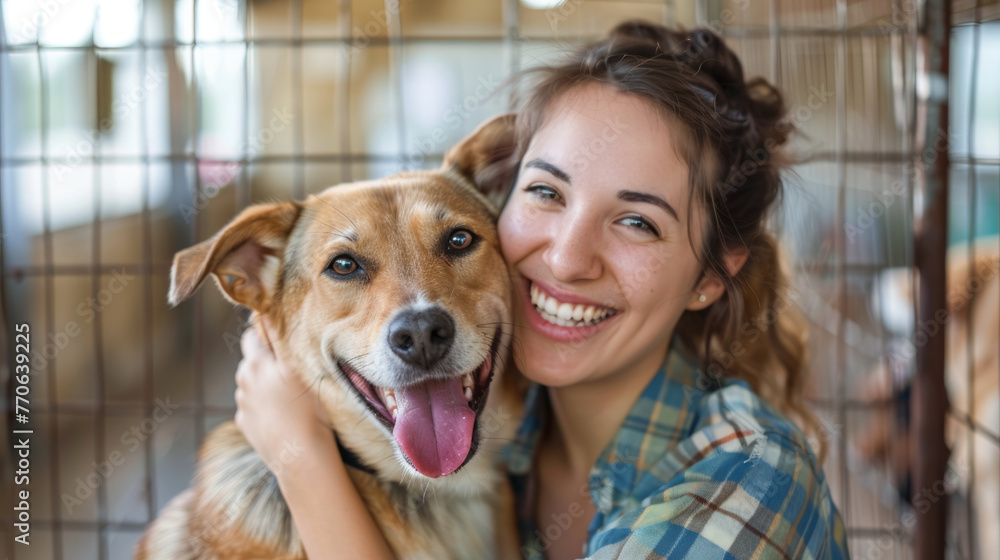 A happy female help adopt a dog from dog rescue shelter. A dog is happy.
A happy female help adopt a dog from dog rescue shelter. A dog is happy.