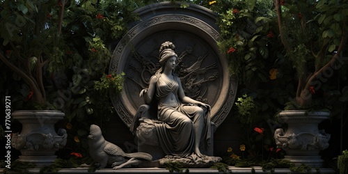 Serenity emanates from the statue of a woman reading a book, embraced by the tranquility of verdant greenery.