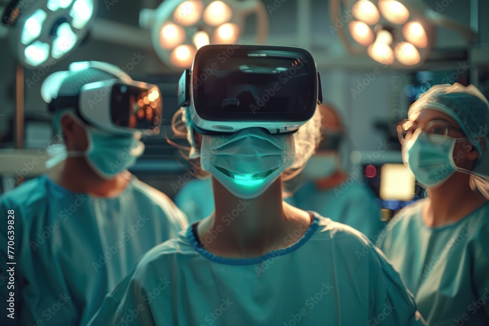 Professional surgeons in uniform and VR headset performing an operation on a patient in modern clinic Professional surgeons in uniform and VR headset performing an operation on a patient in modern clinic