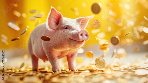  Piggy bank with falling coins. Savings, investment, Winning lucky pig bank concept