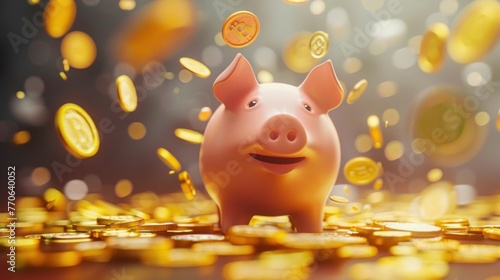  Piggy bank with falling coins. Savings, investment, Winning lucky pig bank concept