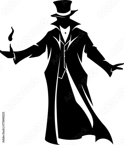 A stylish silhouette of a magician mid-performance, great for entertainment themes, magical shows, or celebratory event designs.