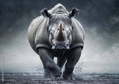 White rhinoceros standing in mud on stormy sky background © Graphic Dude