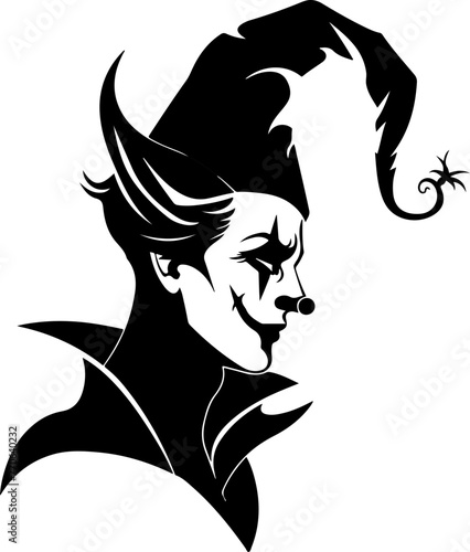 A playful silhouette of a jester with a whimsical hat and a cunning smile, ideal for themes of comedy, theater, and masquerades.