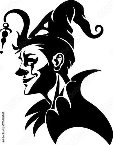 A playful silhouette of a jester with a whimsical hat and a cunning smile, ideal for themes of comedy, theater, and masquerades.