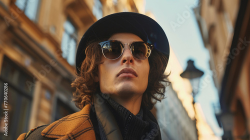 Young man with curly hair wearing sunglasses and a hat stands confidently on a city street, with architectural details and a street lamp in the soft-focused background.