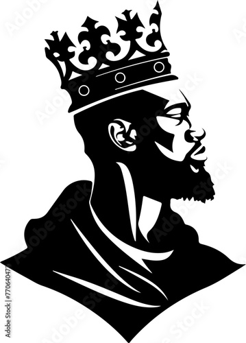 A striking black and white silhouette of a majestic king with a crown and royal attire, perfect for themes of leadership and fantasy.