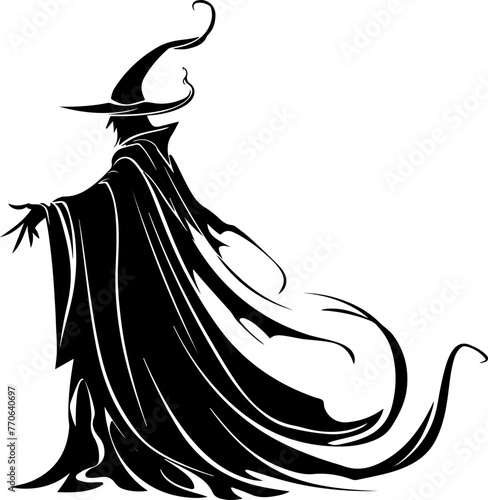 An elegant silhouette of a wizard in flowing robes, an iconic image for fantasy and storytelling.