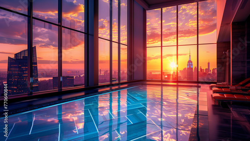 A Glimpse of the City Skyline from a Luxury Penthouse Pool