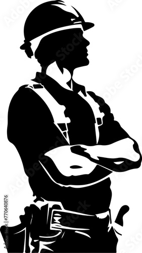 A black and white silhouette of a confident worker in protective gear, perfect for themes of labor, safety, and industry.