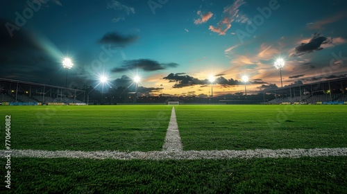 Soccer field stadium with illumination, green grass, and cloudy sky