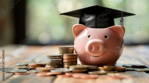 Piggy bank with a black graduation hat with coins as educational loan symbol