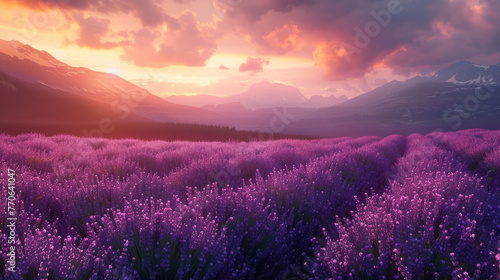 Lavender fields at sunset with rolling hills and mountain backdrop under a dramatic sky