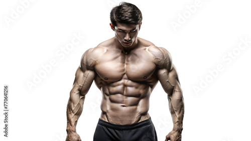 Muscular male model posing shirtless in studio, showcasing strong physique and defined abs