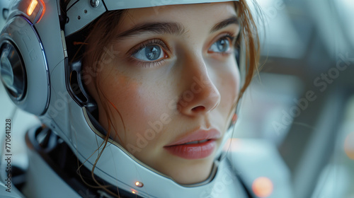 Woman Wearing Helmet Looking Into Distance photo