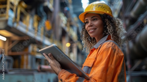 Young female worker using her digital tablet at a construction site